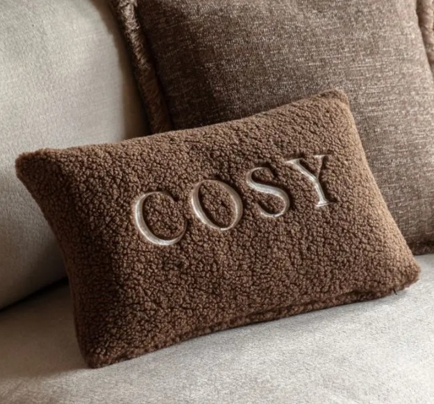 Chocolate brown embroidered cosy cushion on a neutral sofa